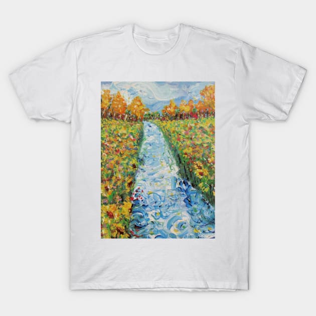 Riverside Sunflowers T-Shirt by RainbowStudios